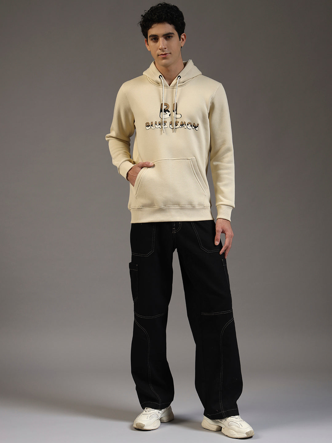 Blue Lemon Printed Sand Beige Hoodie