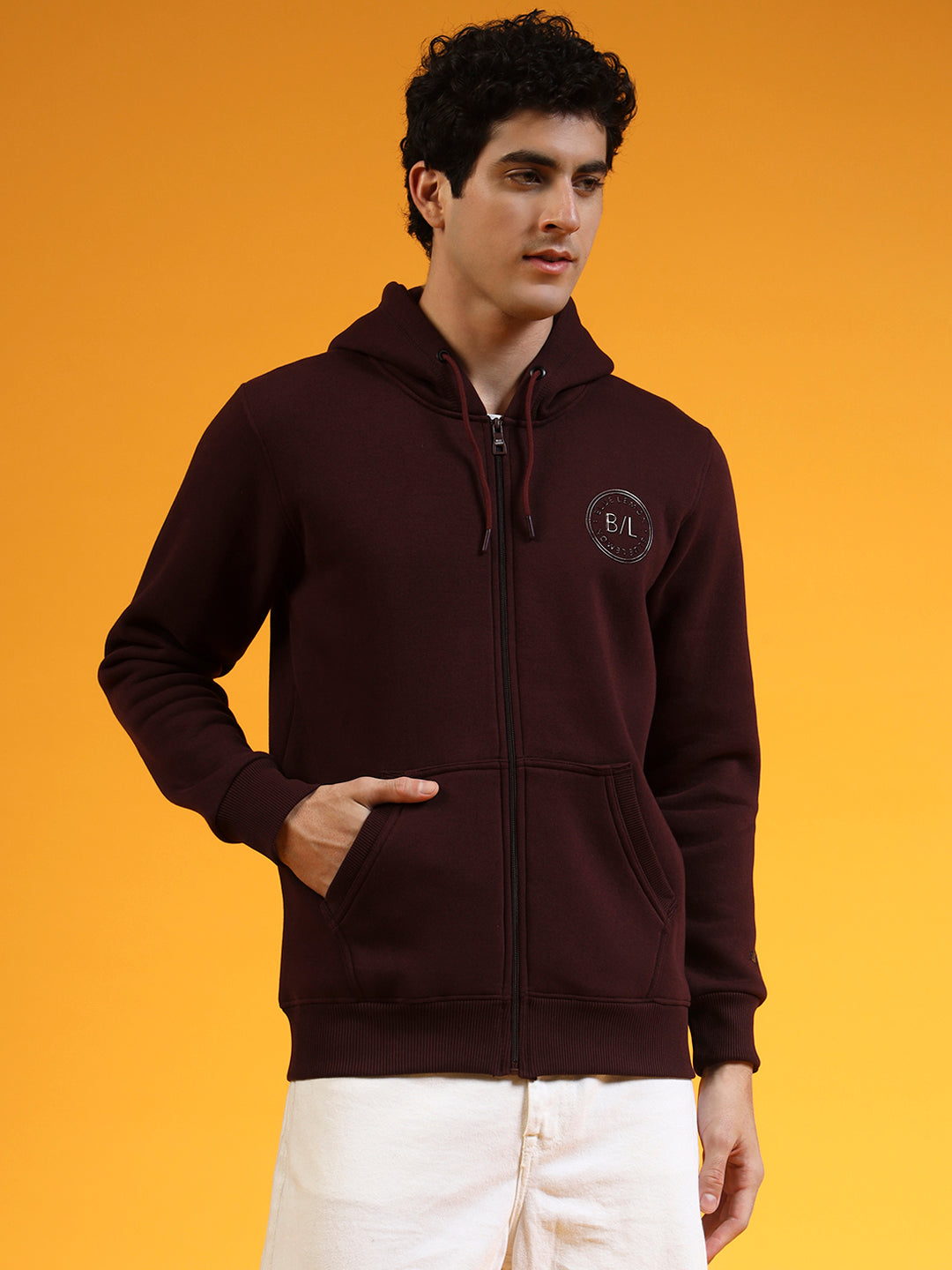 Blue Lemon Beige Printed Zip-Up Hoodie