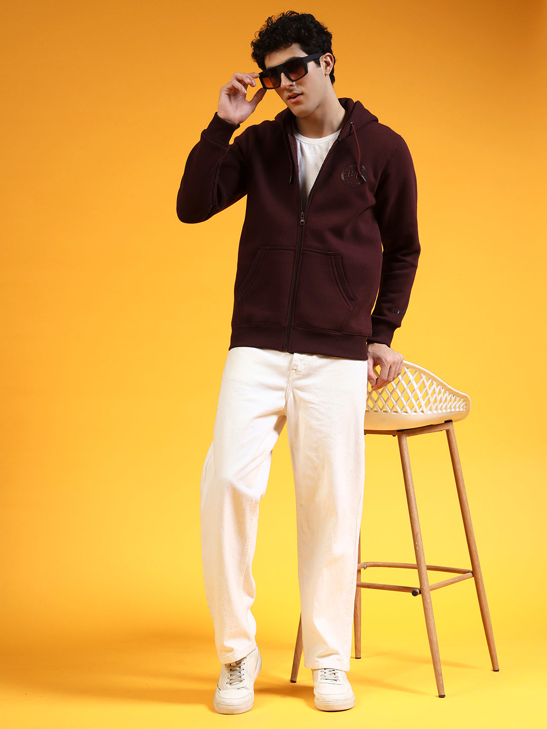 Blue Lemon Beige Printed Zip-Up Hoodie