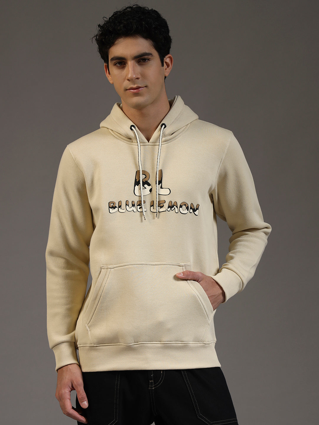 Blue Lemon Printed Sand Beige Hoodie