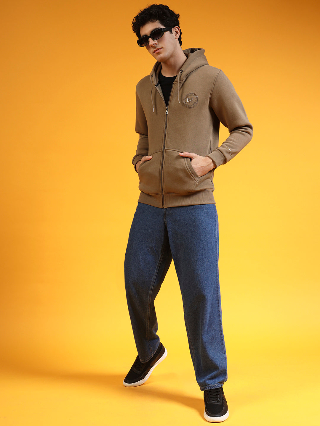 Blue Lemon Beige Printed Zip-Up Hoodie