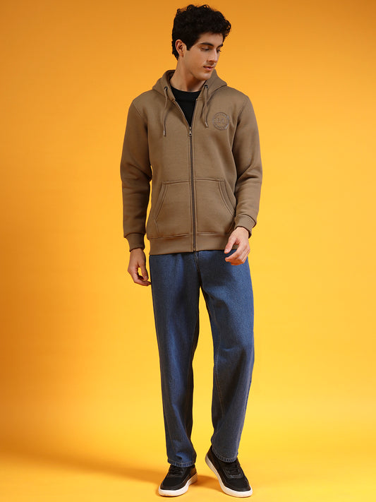 Blue Lemon Dusty Brown Printed Zip-Up Hoodie
