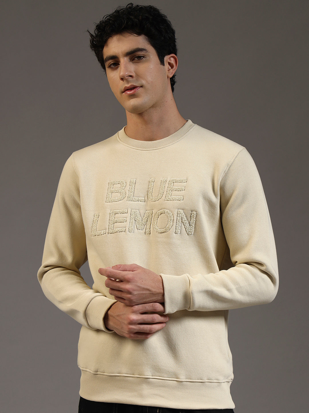 Blue Lemon Embroidered Sand Beige Sweatshirt