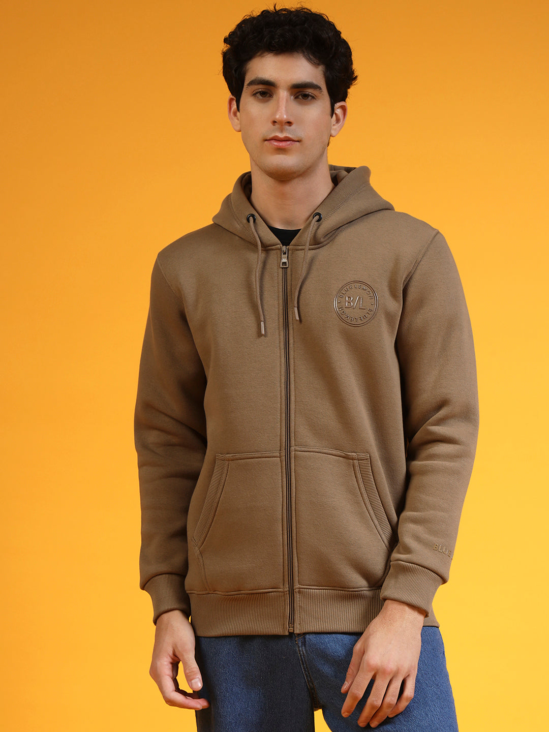 Blue Lemon Beige Printed Zip-Up Hoodie