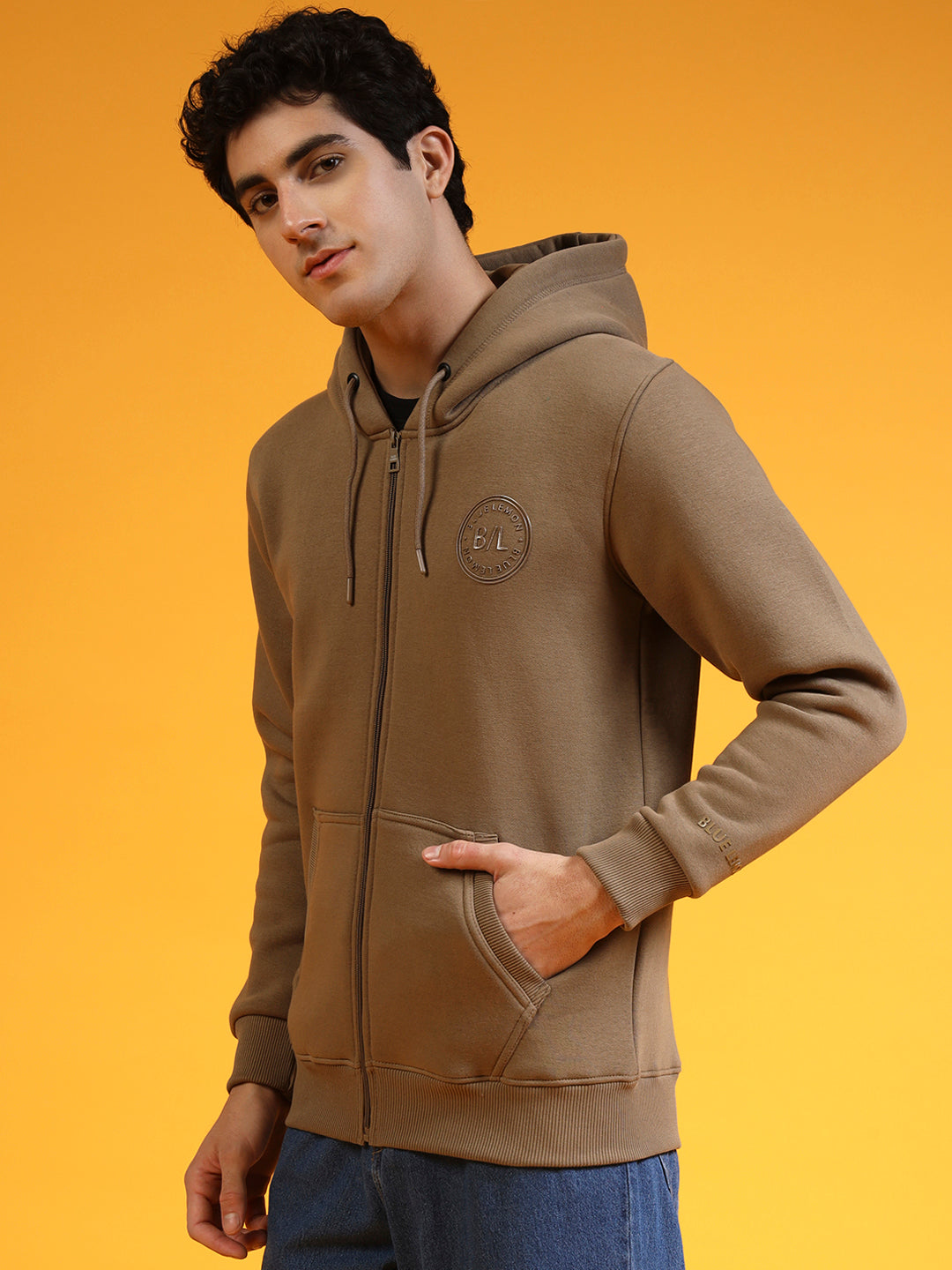 Blue Lemon Beige Printed Zip-Up Hoodie
