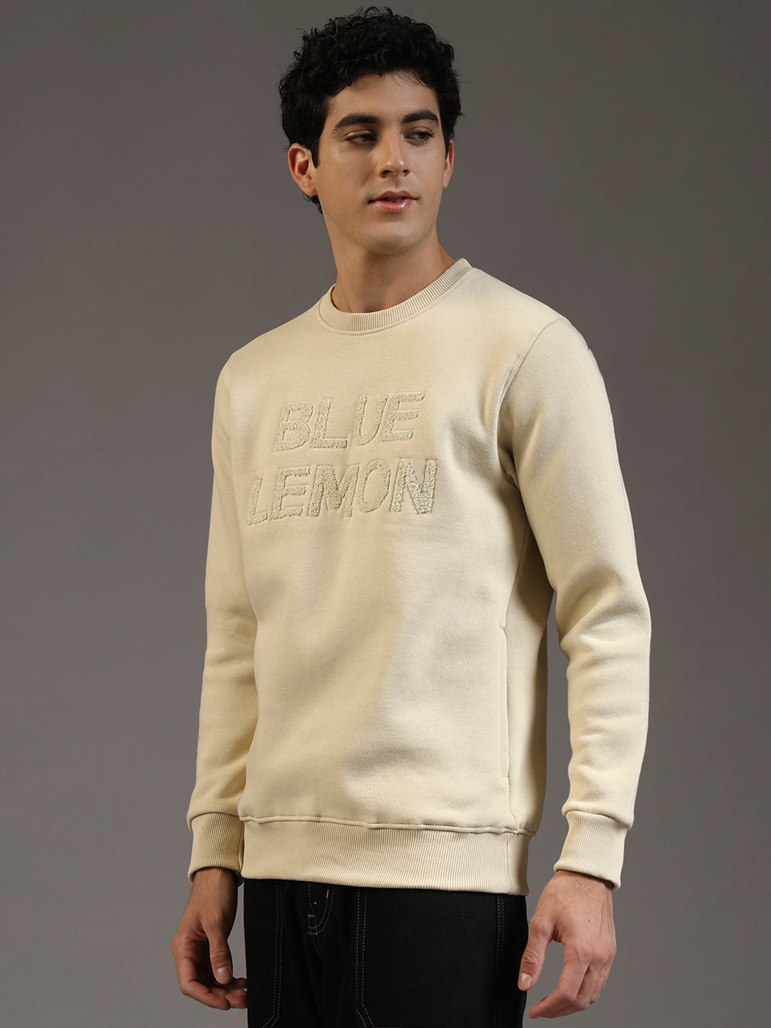 Blue Lemon Embroidered Sand Beige Sweatshirt