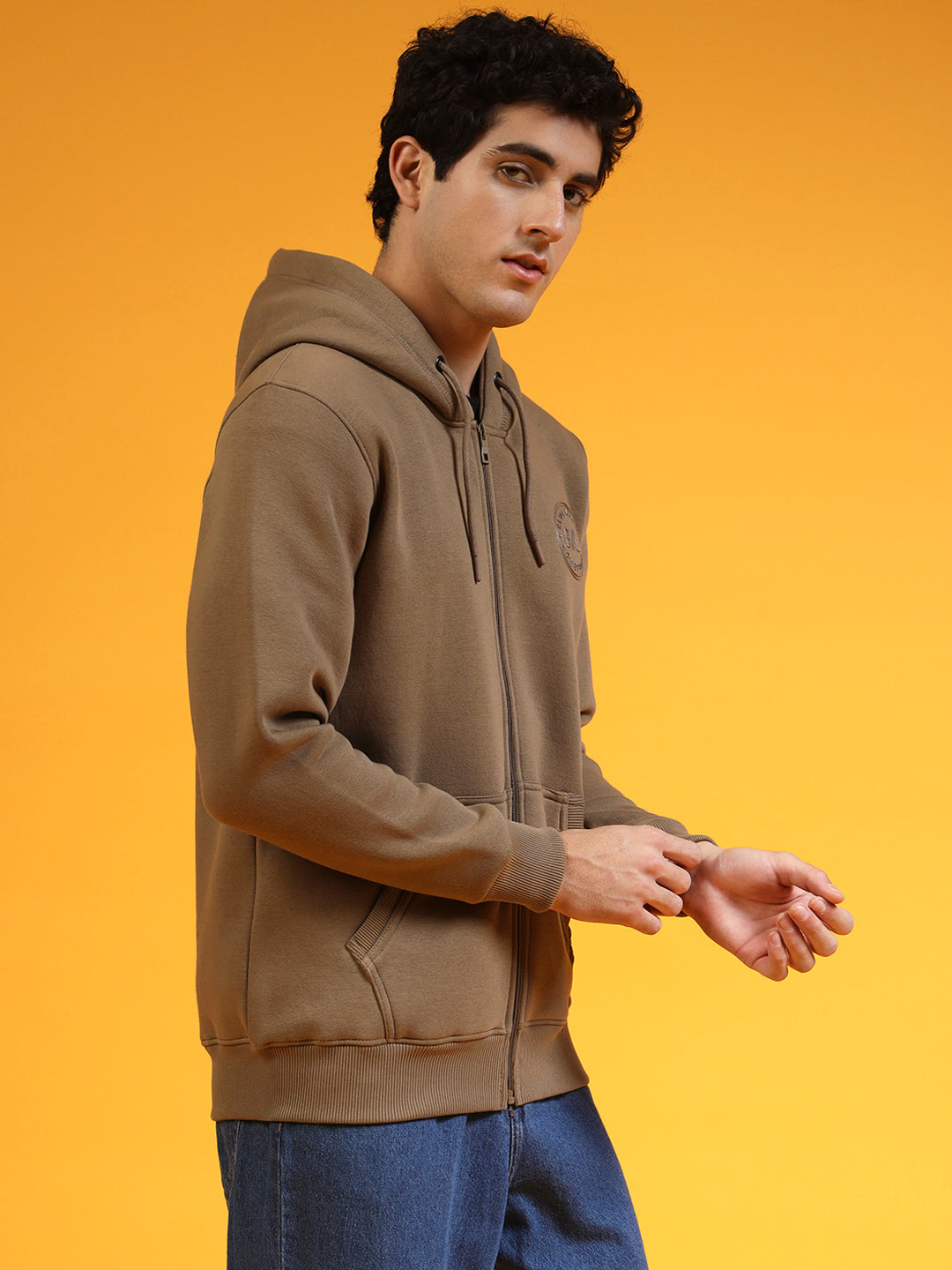 Blue Lemon Beige Printed Zip-Up Hoodie