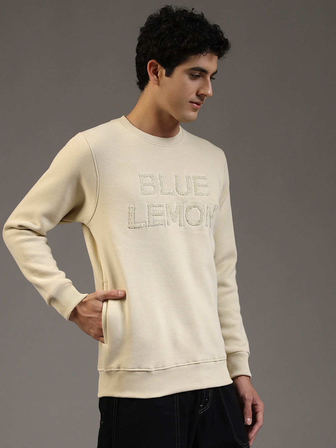 Blue Lemon Embroidered Sand Beige Sweatshirt