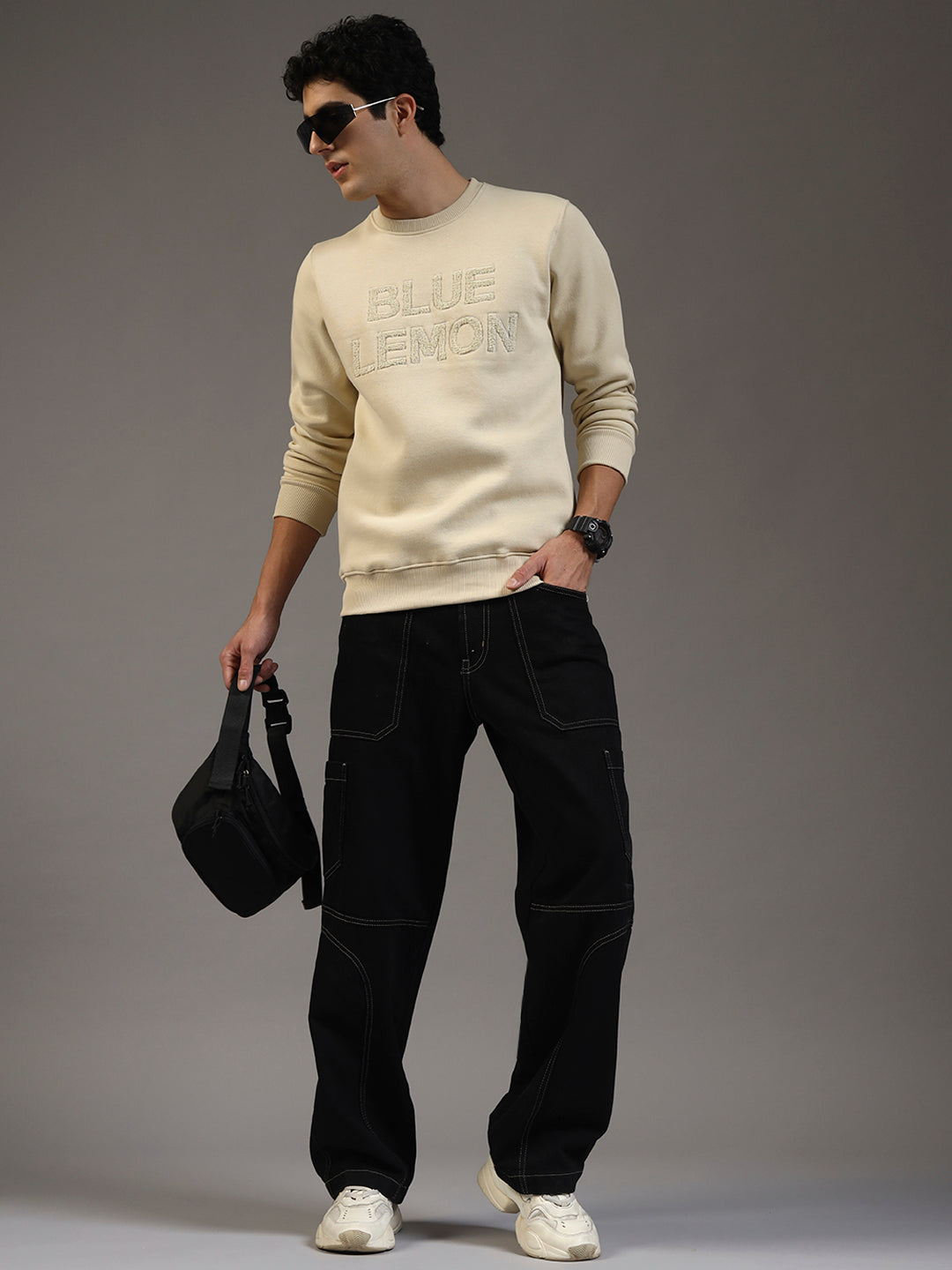 Blue Lemon Embroidered Sand Beige Sweatshirt