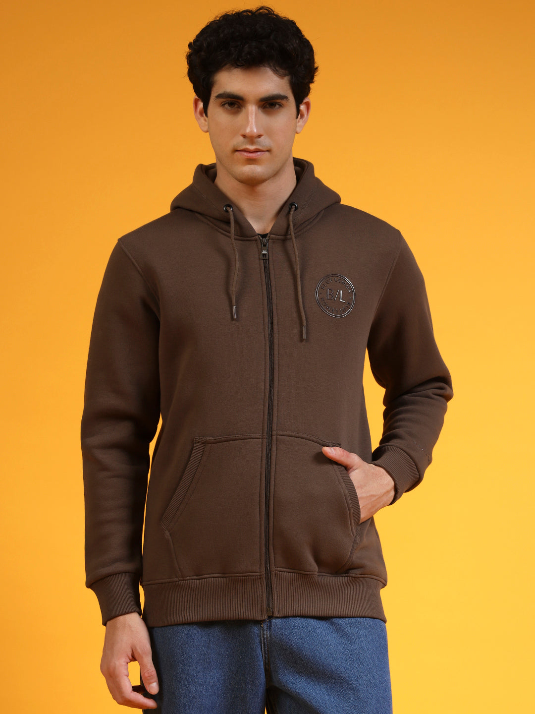 Blue Lemon Beige Printed Zip-Up Hoodie