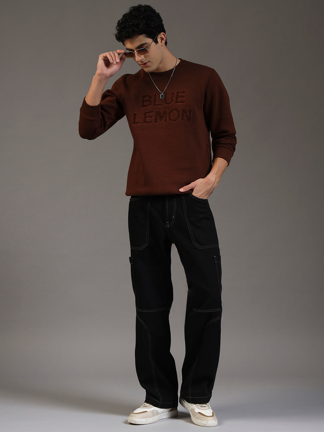 Blue Lemon Embroidered Sand Beige Sweatshirt