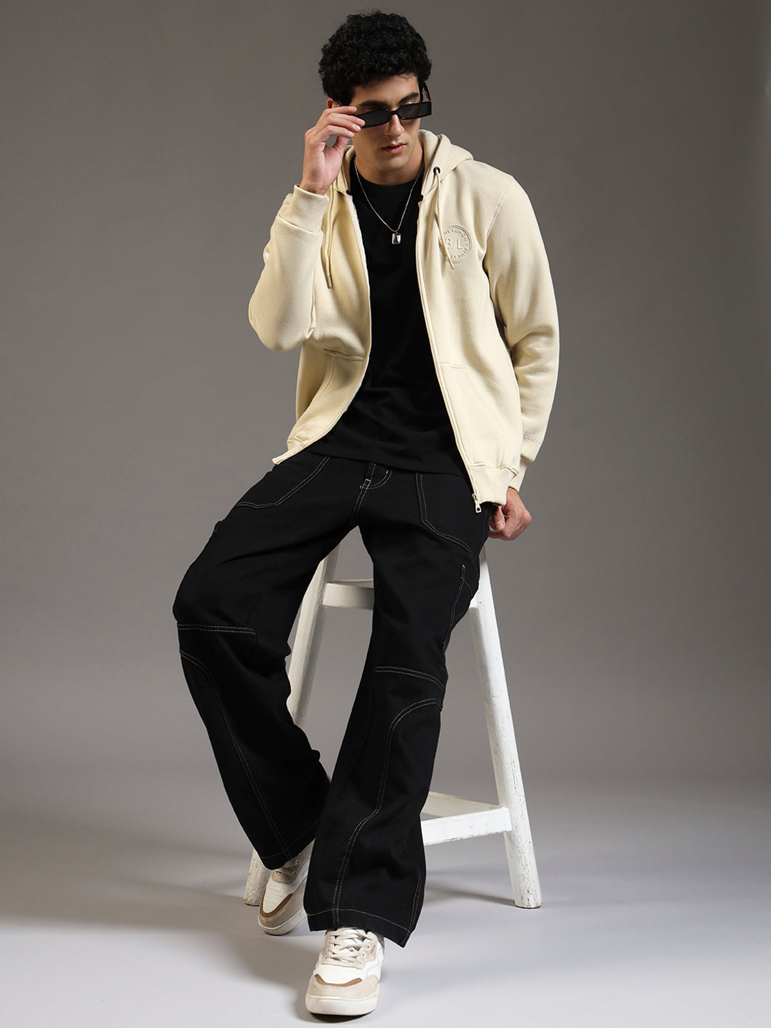 Blue Lemon Beige Printed Zip-Up Hoodie