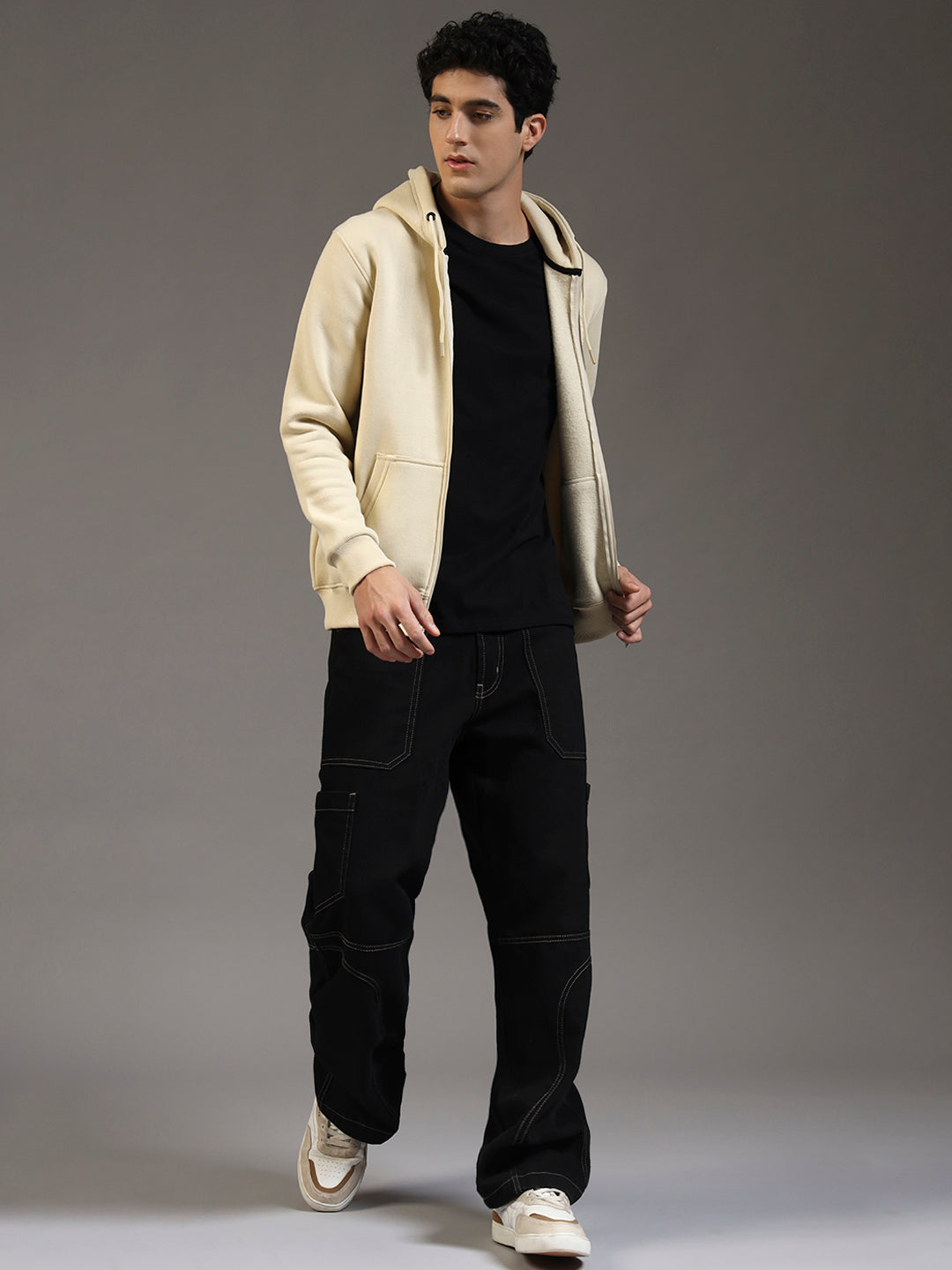 Blue Lemon Beige Printed Zip-Up Hoodie