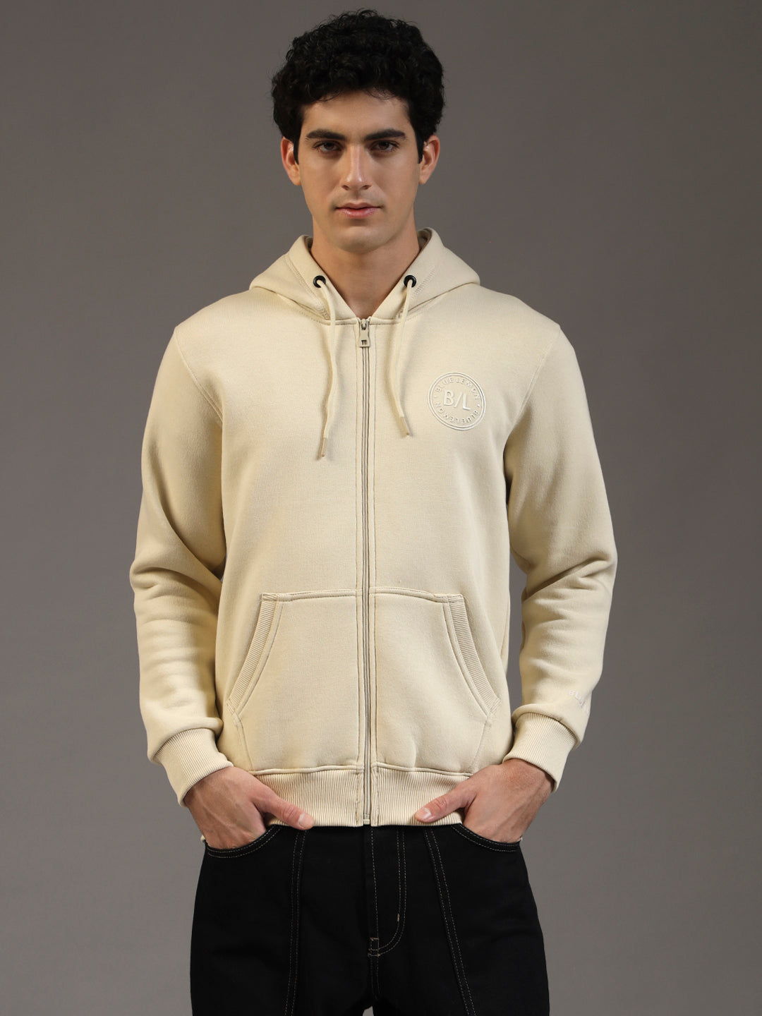 Blue Lemon Beige Printed Zip-Up Hoodie