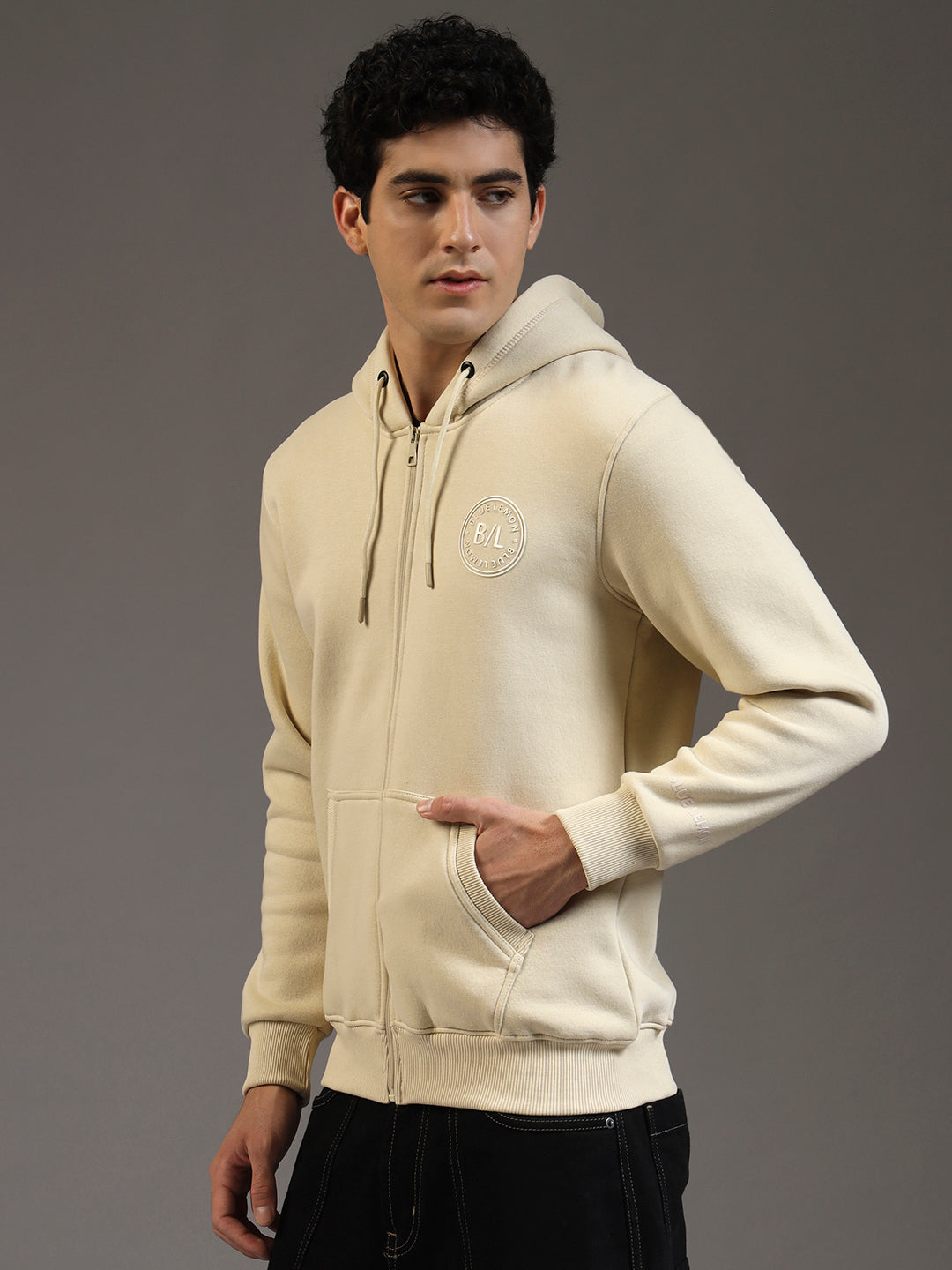 Blue Lemon Beige Printed Zip-Up Hoodie