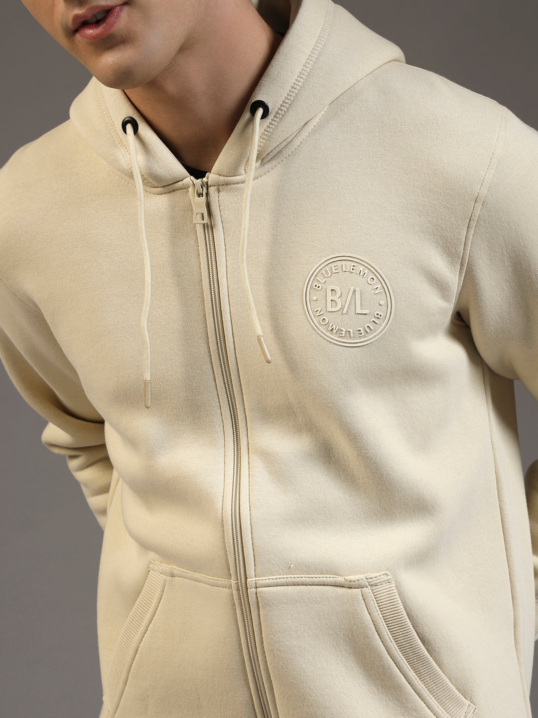 Blue Lemon Beige Printed Zip-Up Hoodie
