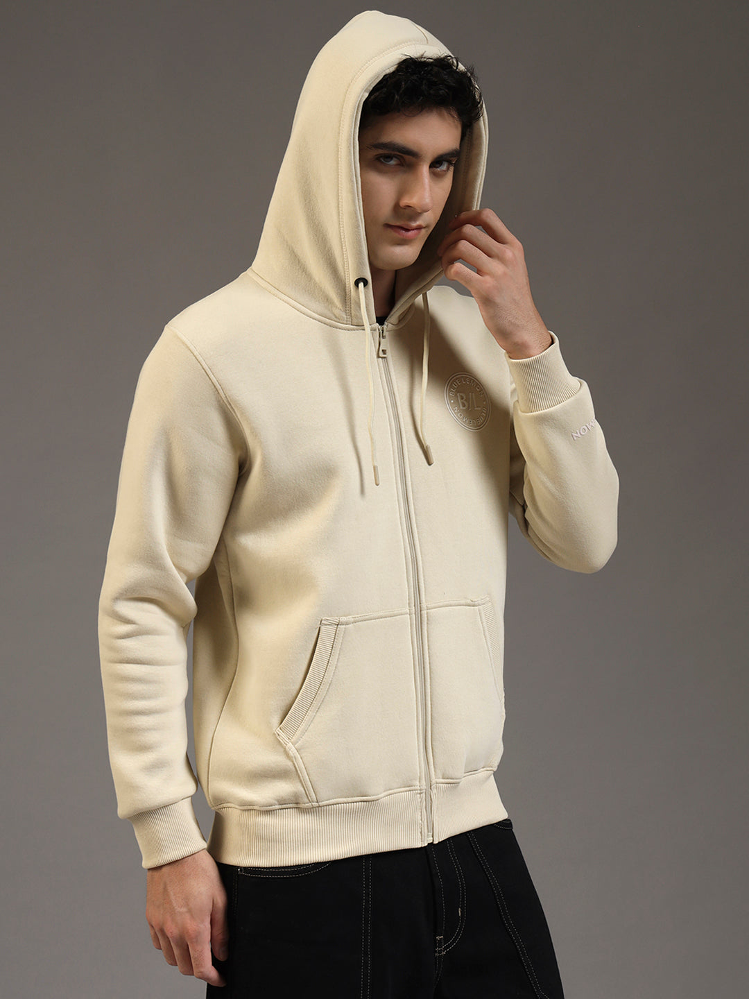 Blue Lemon Beige Printed Zip-Up Hoodie