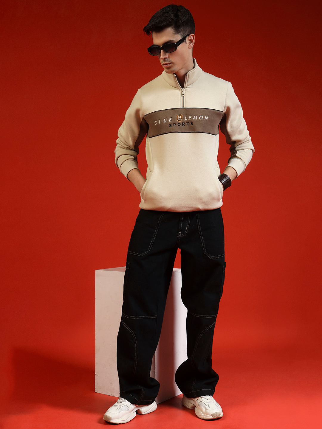 Blue Lemon Sandy Beige Stripe Quarter-Zip Sweatshirt